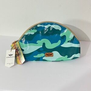 Consuela Cosmetic Bag Women OS Blue Green Camo Coated Canvas Dome Pouch NWT